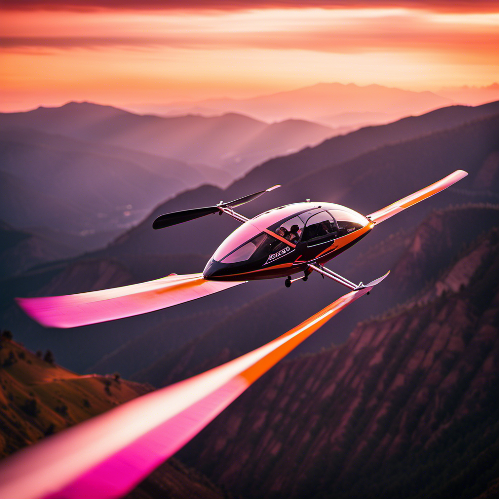 An image capturing the breathtaking sight of a skilled sky glider soaring gracefully above a rugged mountain range, with vibrant hues of orange and pink illuminating the sky during a mesmerizing sunset