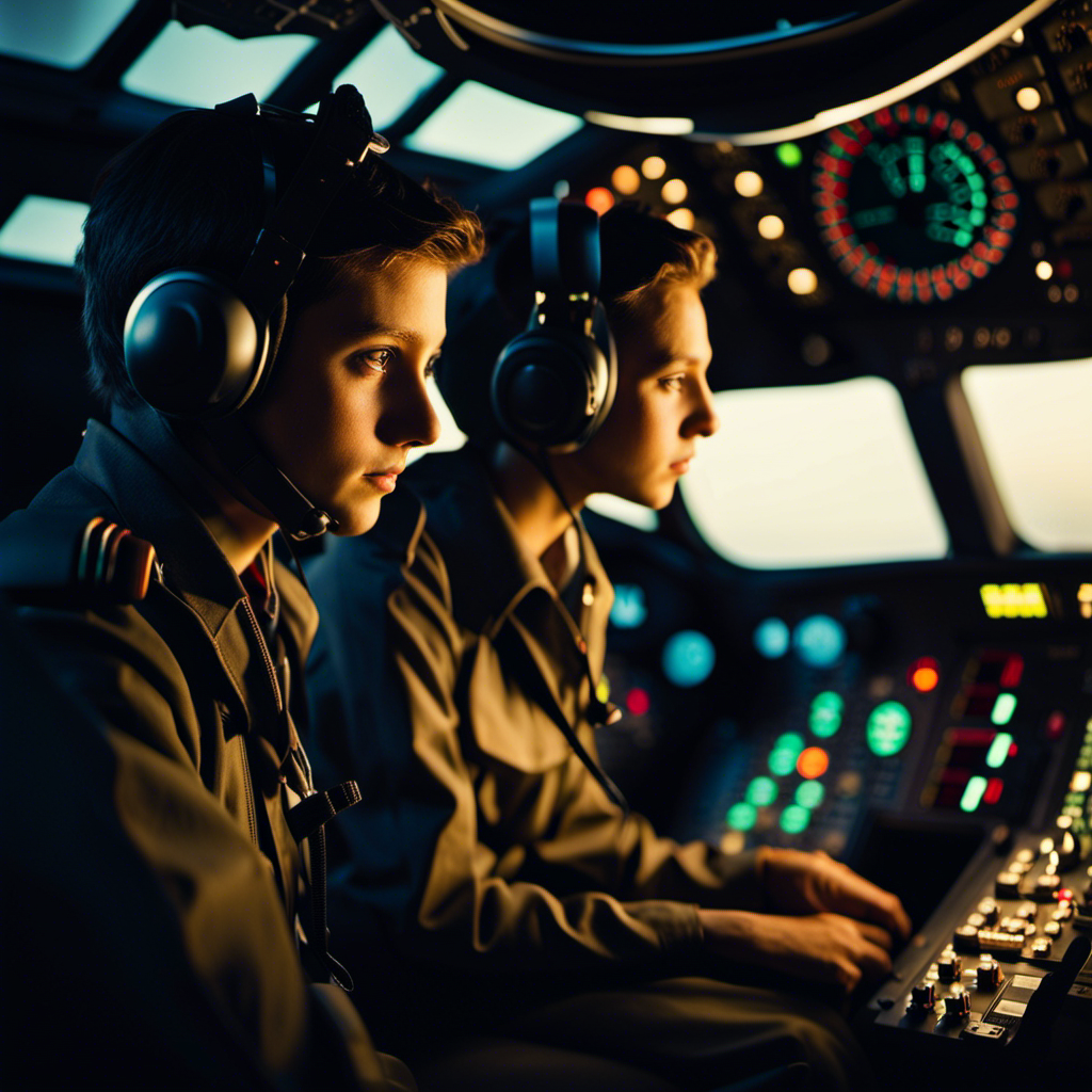 An image depicting a dimly lit cockpit, with a young aspiring pilot looking determinedly at the control panel, while a senior pilot watches closely, their expressions reflecting the urgency of unraveling the age limit