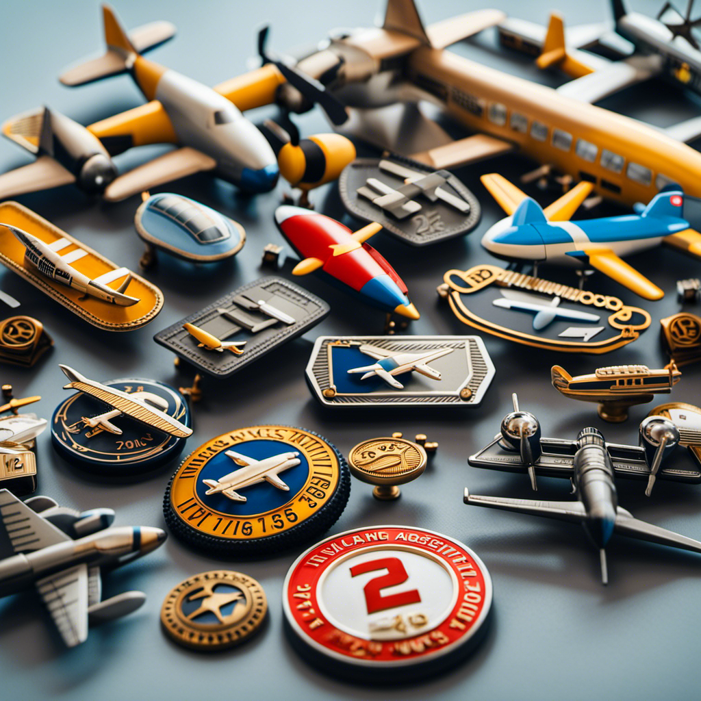 An image showcasing a vibrant collage of aviation-themed elements, including an assortment of pilot badges, a progression of airplane models, and a series of numbers representing different age milestones, symbolizing the age requirements for aspiring pilots