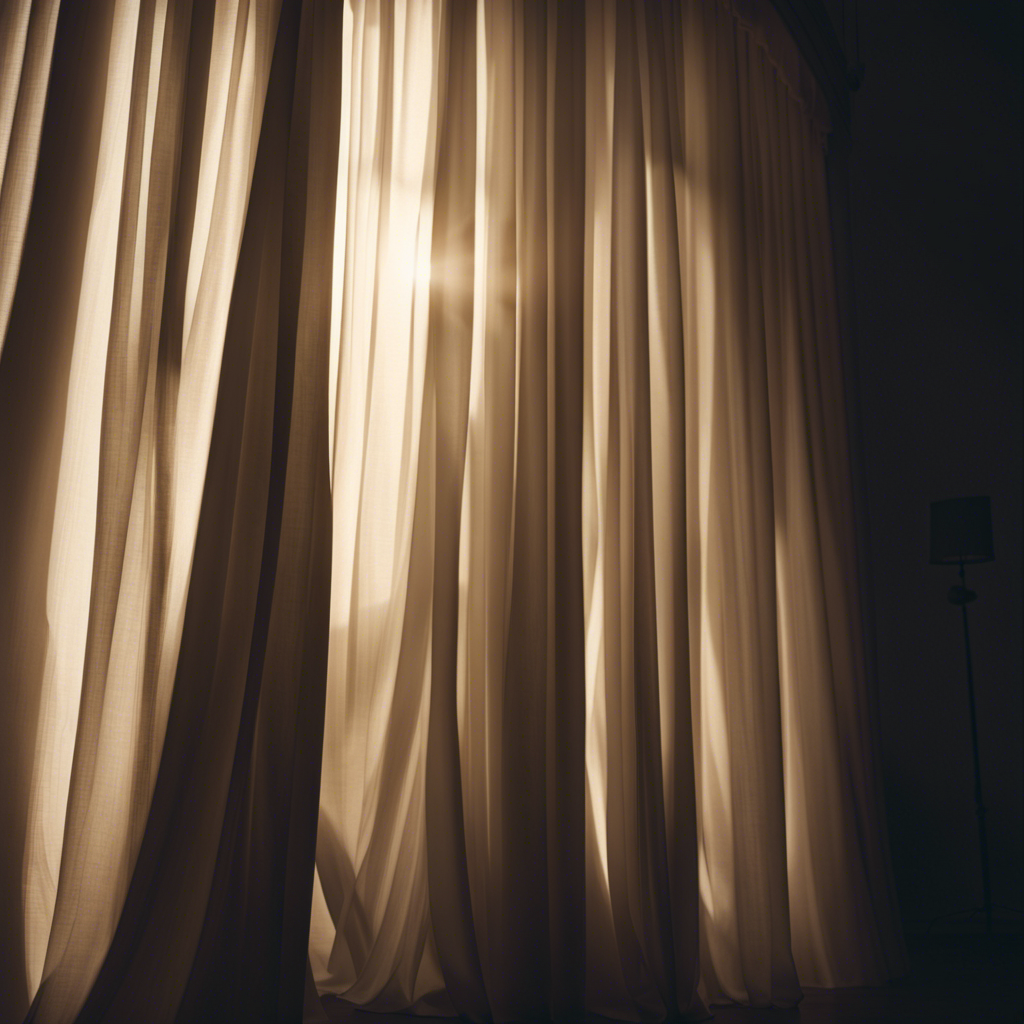 An image capturing the mesmerizing dance of a billowing curtain, gently swaying in the breeze, as sunlight streams through, casting ever-changing shadows that paint the room with a tranquil, ethereal ambiance