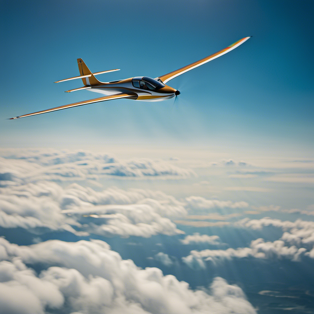 An image showcasing the awe-inspiring sight of a sleek glider soaring gracefully through the endless blue sky, its wings slicing through the air with precision, capturing the essence of the captivating world of glider planes
