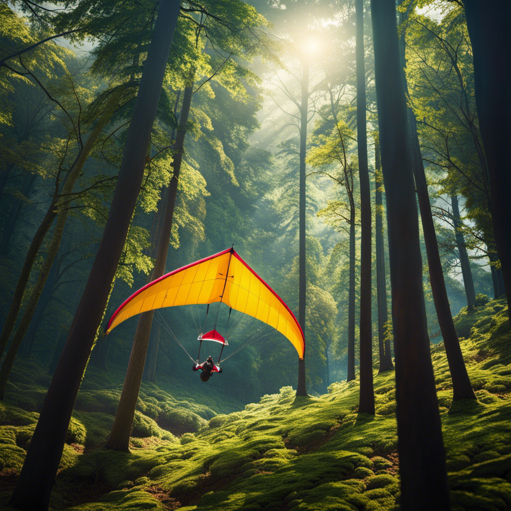 An image capturing a serene forest scene with a skilled hang glider effortlessly soaring through the vibrant canopy