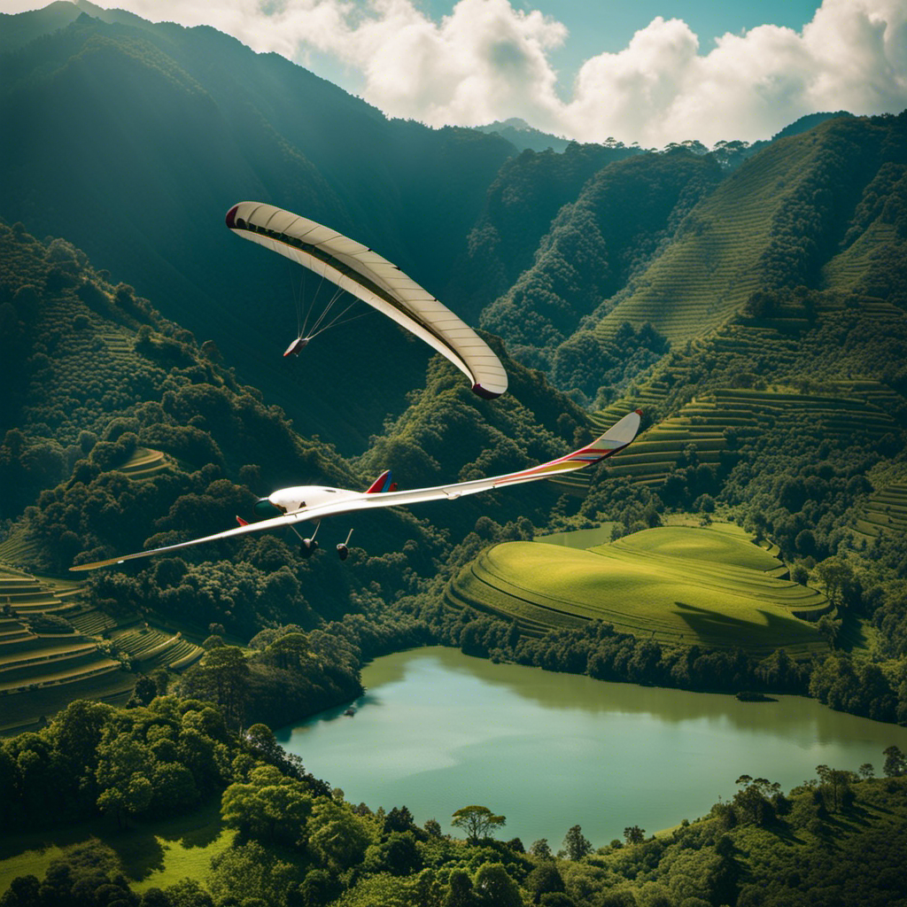An image showcasing the serene Galunggung Gliding Club, capturing the breathtaking view of gliders soaring gracefully through the clear blue sky, surrounded by lush green mountains and a tranquil lake below