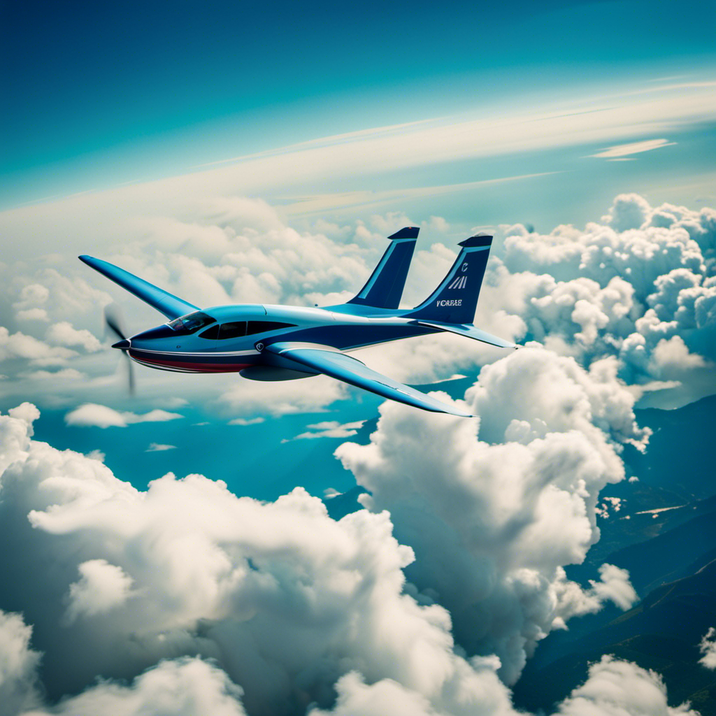 An image that captures the exhilaration of glider soaring: a vibrant blue sky stretching endlessly above, a graceful glider effortlessly gliding through puffy white clouds, and a pilot wearing a contagious smile of pure bliss