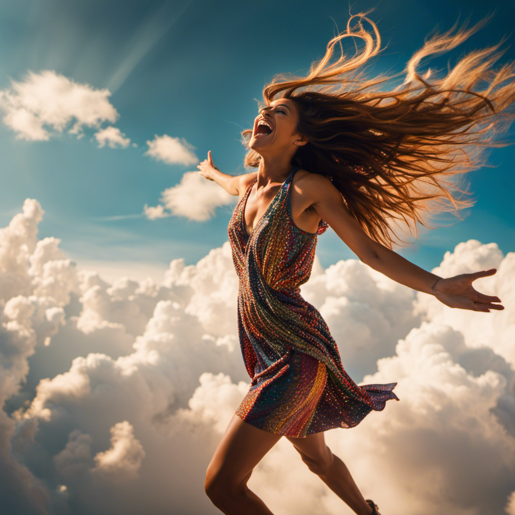 An image that depicts a person gliding through a vibrant, cloud-filled sky