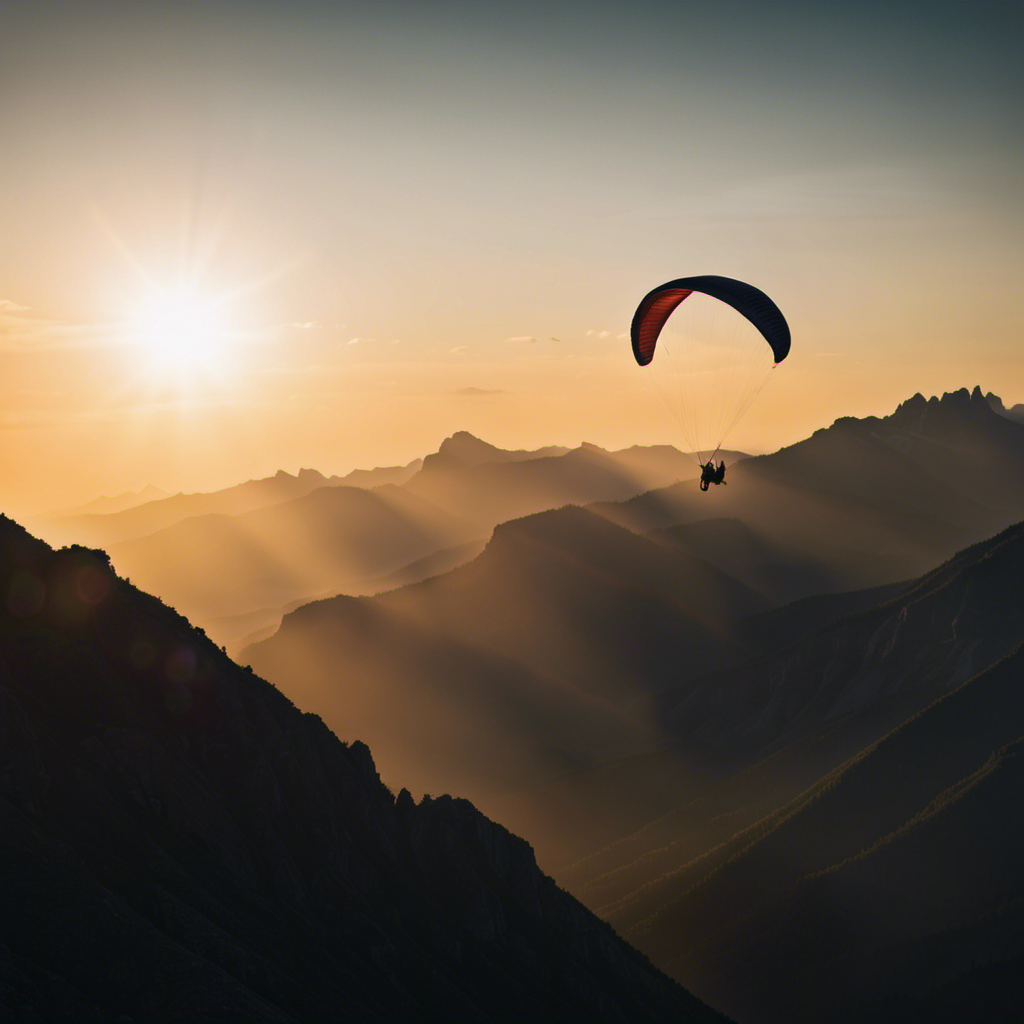 An image showcasing a paraglider soaring above vast mountain ranges, with the sun setting in the background