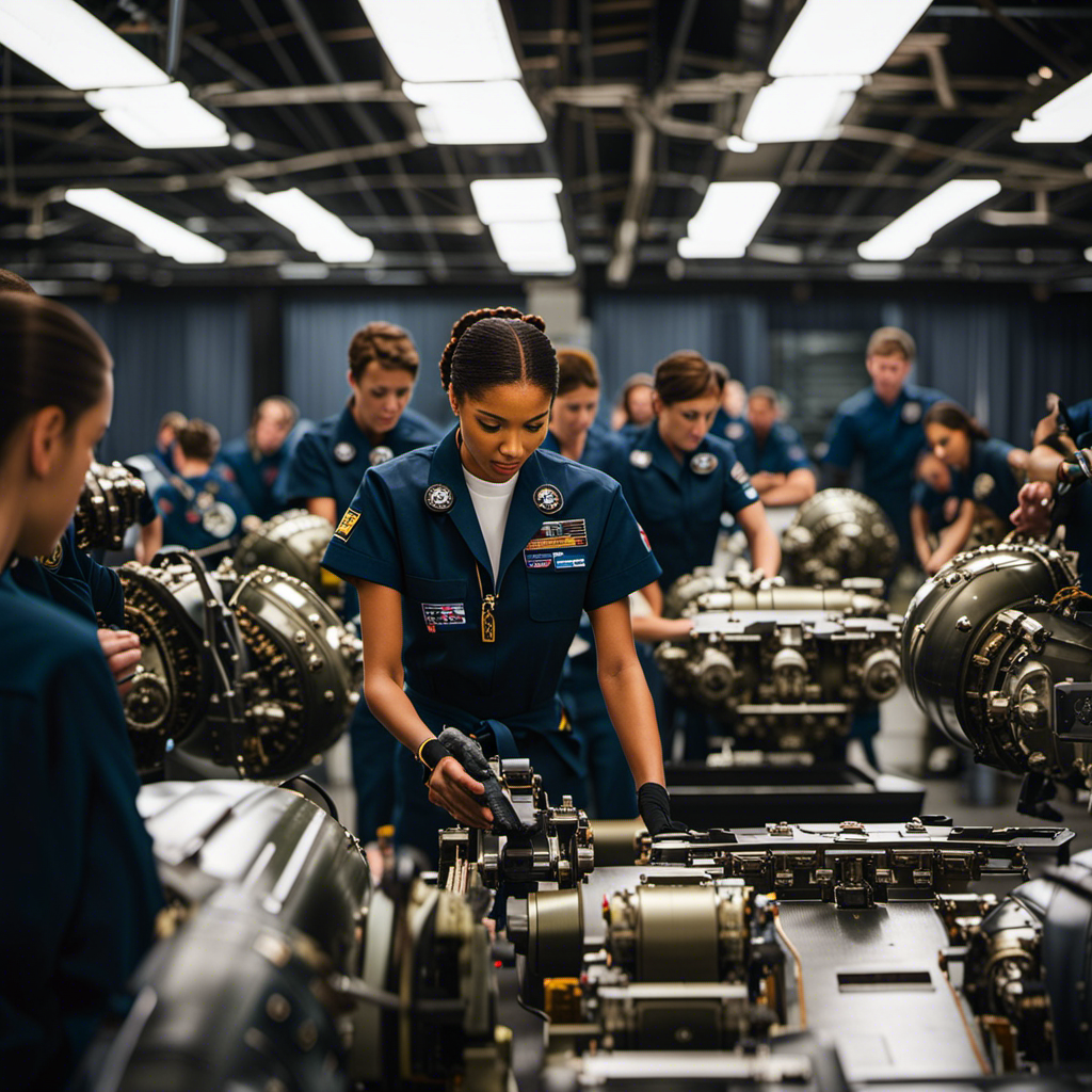 An image capturing the bustling atmosphere of The Academy of Aviation in New York: students in flight suits engrossed in hands-on training, instructors guiding them through simulations, and the gleaming aircraft lining the hangar