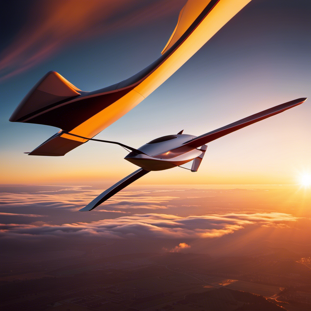 An image showcasing a sleek, futuristic single-seat self-launching glider soaring gracefully against a backdrop of vibrant sunset hues