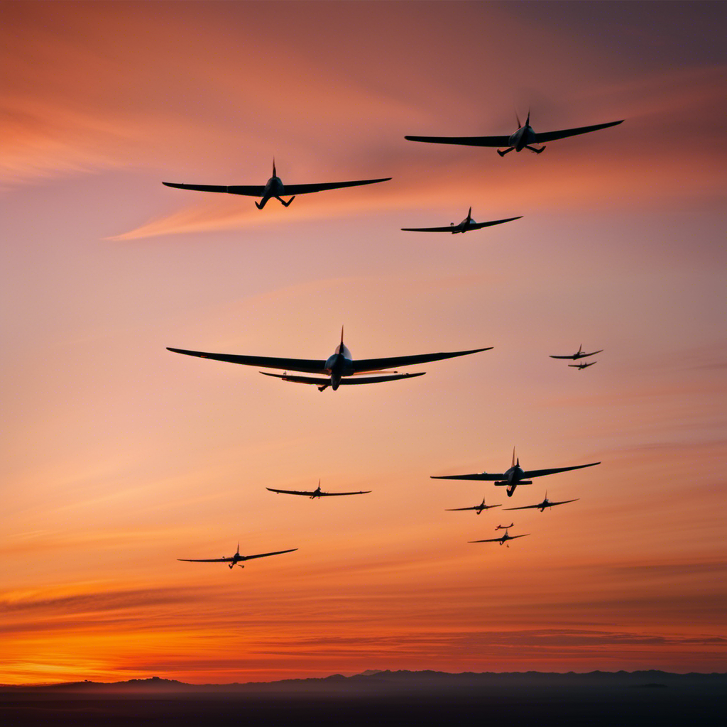 A powerful image showcasing a fleet of gliders soaring through a vibrant orange sunset, their sleek frames glinting in the fading light, evoking the forgotten heroism of glider pilots in WWII