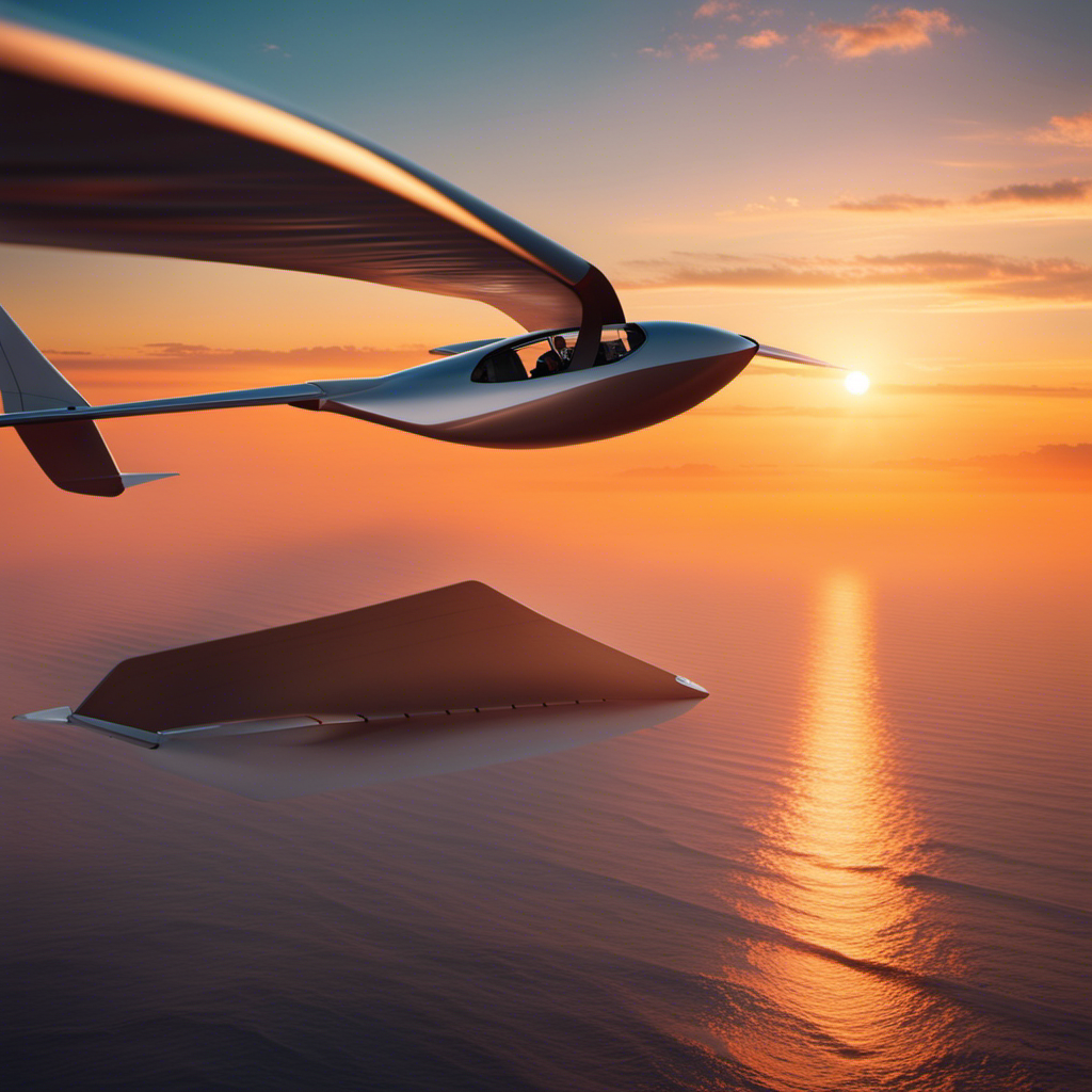 An image showcasing a sleek sail glider gracefully soaring through a vibrant sunset sky, highlighting its streamlined design, long wingspan, and the serene freedom it offers over majestic coastal cliffs