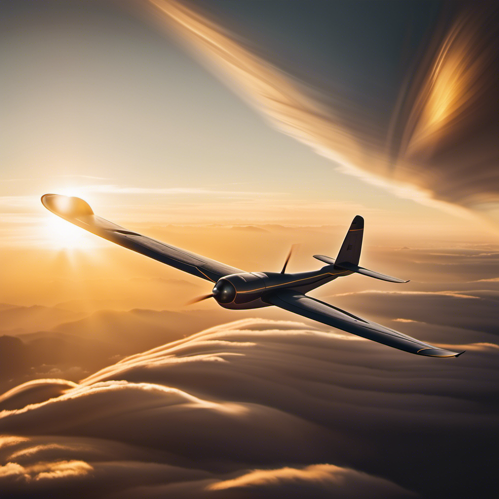 An image depicting a glider gracefully gliding through layers of warm air currents, with sunlight casting golden rays on its wings, showcasing the intricate dance between the aircraft and thermals