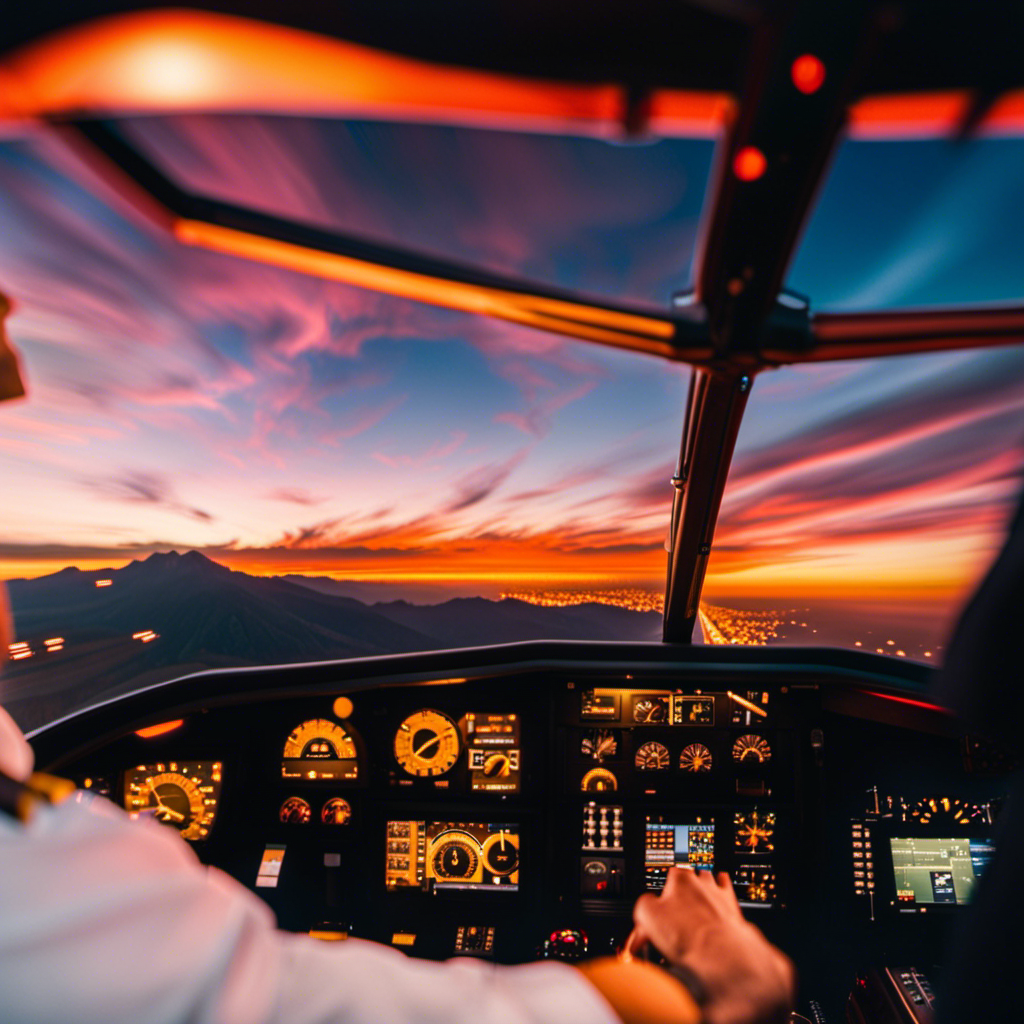 An image showcasing a breathtaking aerial view from a cockpit, capturing the vibrant hues of a sunrise/sunset, with a confident pilot at the controls, evoking a sense of freedom, adventure, and limitless possibilities