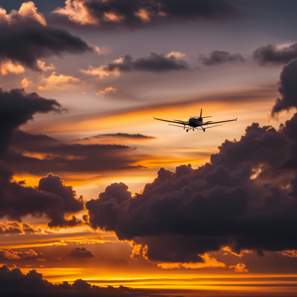 An image featuring a breathtaking sunset sky, with a small plane soaring amidst vibrant clouds