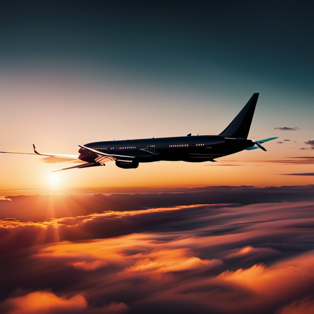 An image showcasing the sleek, aerodynamic silhouette of a soaring plane against a vibrant sunset backdrop
