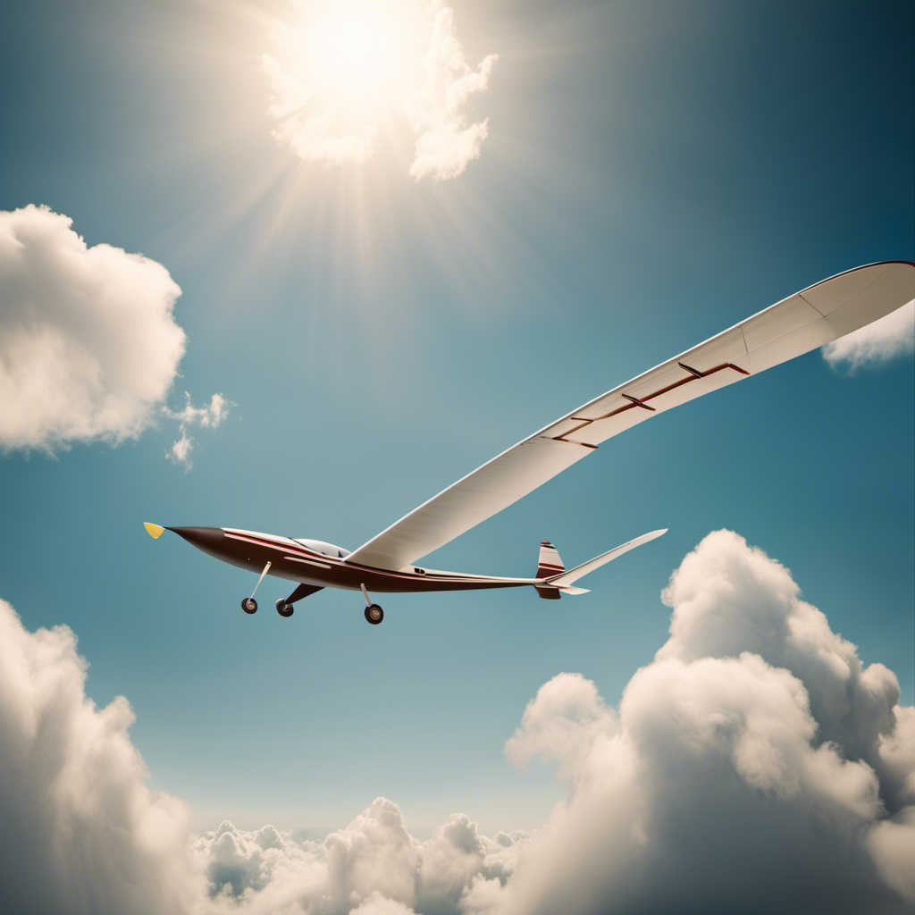 An image depicting a glider soaring through a cloud-studded sky, effortlessly propelled forward by steady winds