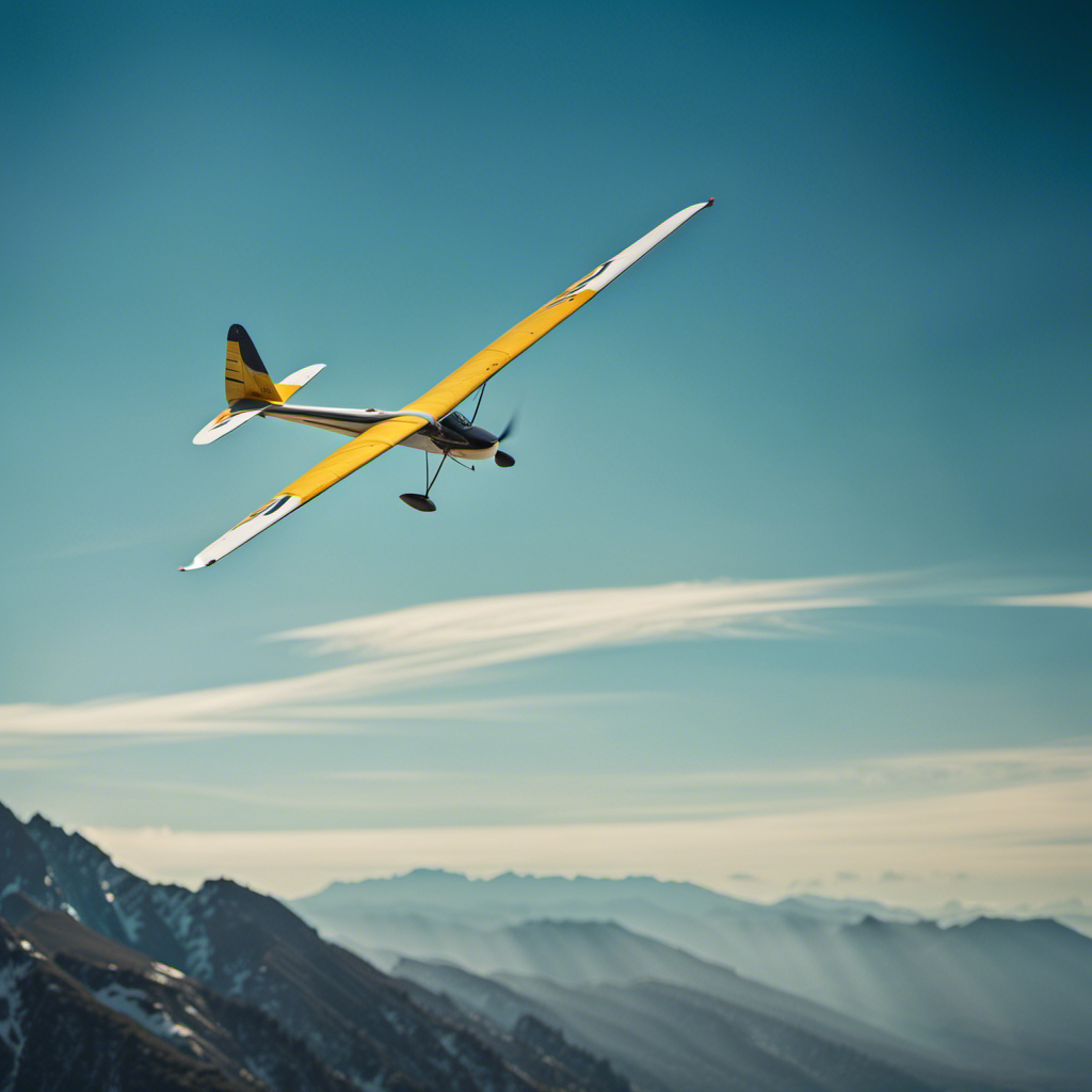 An image showcasing the exhilarating sport of gliding: A graceful glider soaring through a clear blue sky, surrounded by towering mountains, with its wings elegantly slicing through the air like a knife through butter