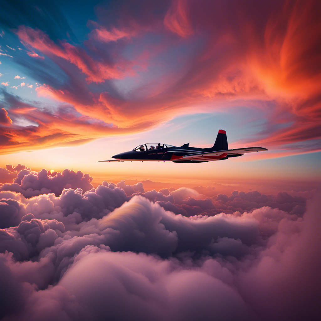 An image showcasing a vibrant sunset sky as a backdrop, with ten sleek and elegant 2-seater gliders soaring through the clouds, evoking a sense of freedom and exhilaration in the readers' minds