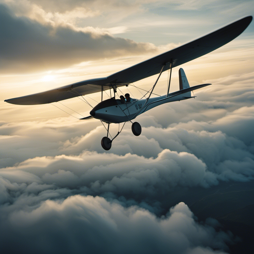 An image capturing a serene glider soaring through the sky, juxtaposed against a meticulous breakdown of expenses: soaring club fees, maintenance costs, and equipment upgrades, representing the hidden expenditures of owning and operating a glider