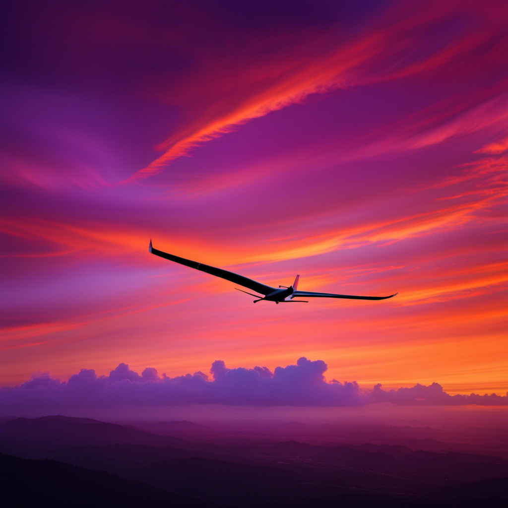 An image capturing the moment of ultimate gliding bliss: A lone glider soaring gracefully through a vibrant sunset sky, its sleek silhouette framed by a tapestry of fiery orange and purple hues, while wisps of clouds dance in the background