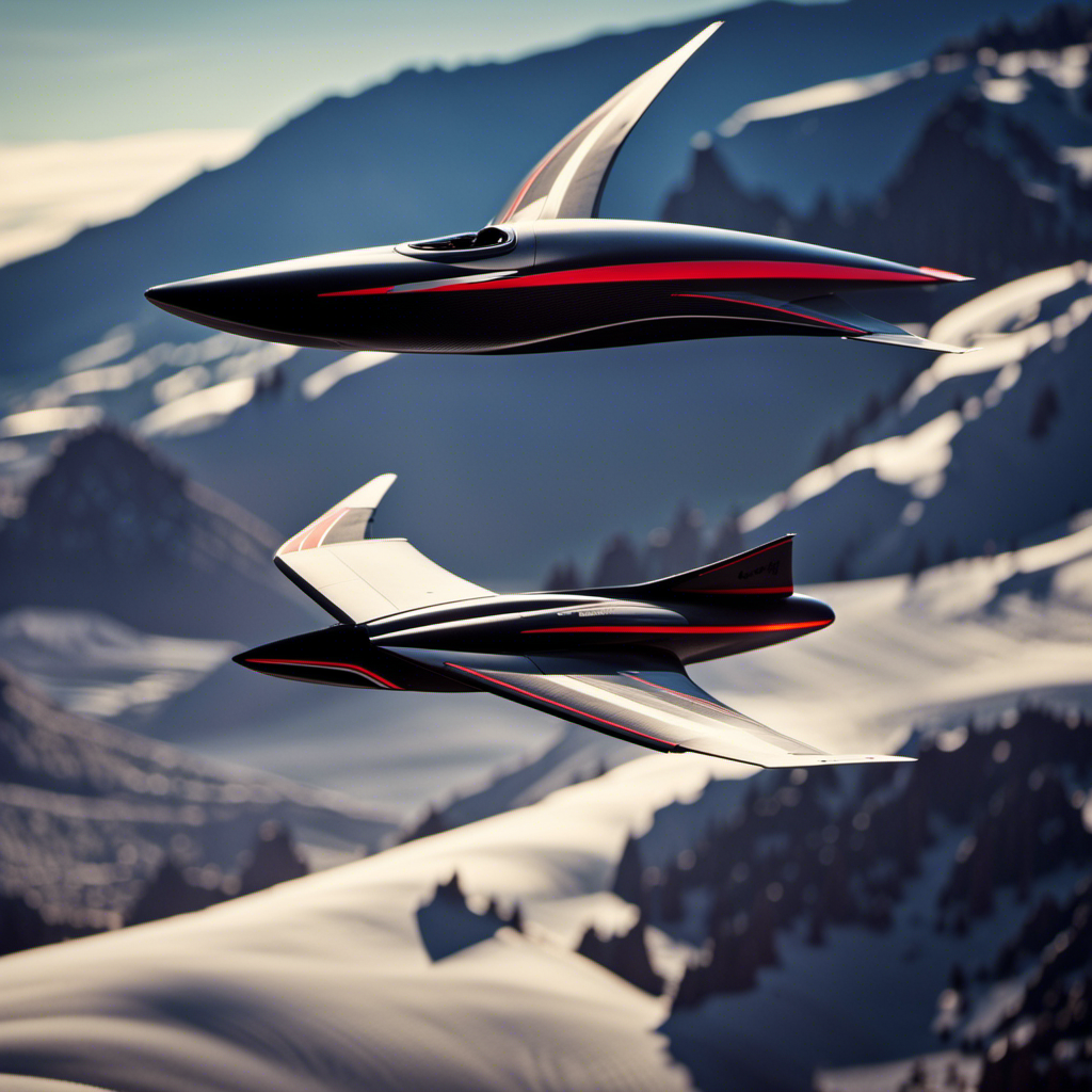 An image showcasing the sleek and aerodynamic design of the Thermal Glider, with its sturdy carbon fiber frame, panoramic canopy, and gracefully curved wings soaring effortlessly through the thermal currents high above picturesque mountain peaks