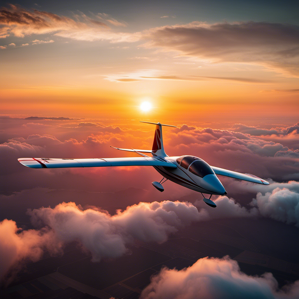 An image showcasing a breathtaking glider soaring gracefully amidst a vibrant sunset sky, featuring a skilled pilot demonstrating essential techniques like maintaining altitude, adjusting controls, and harnessing wind currents for a smooth and exhilarating flight