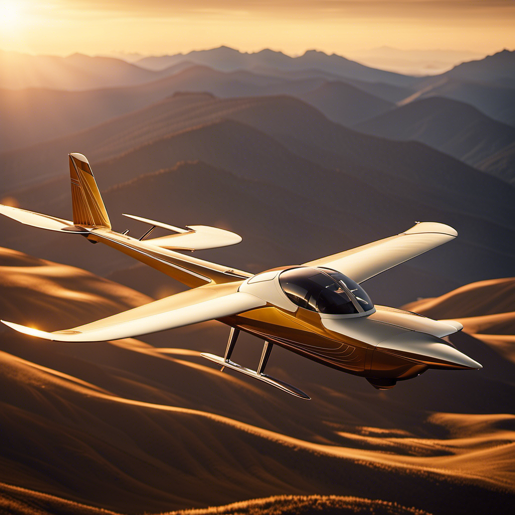 An image showcasing a sleek touring motor glider soaring gracefully above vast mountain ranges, with its retractable landing gear visible and its streamlined wings glistening under the golden rays of the setting sun