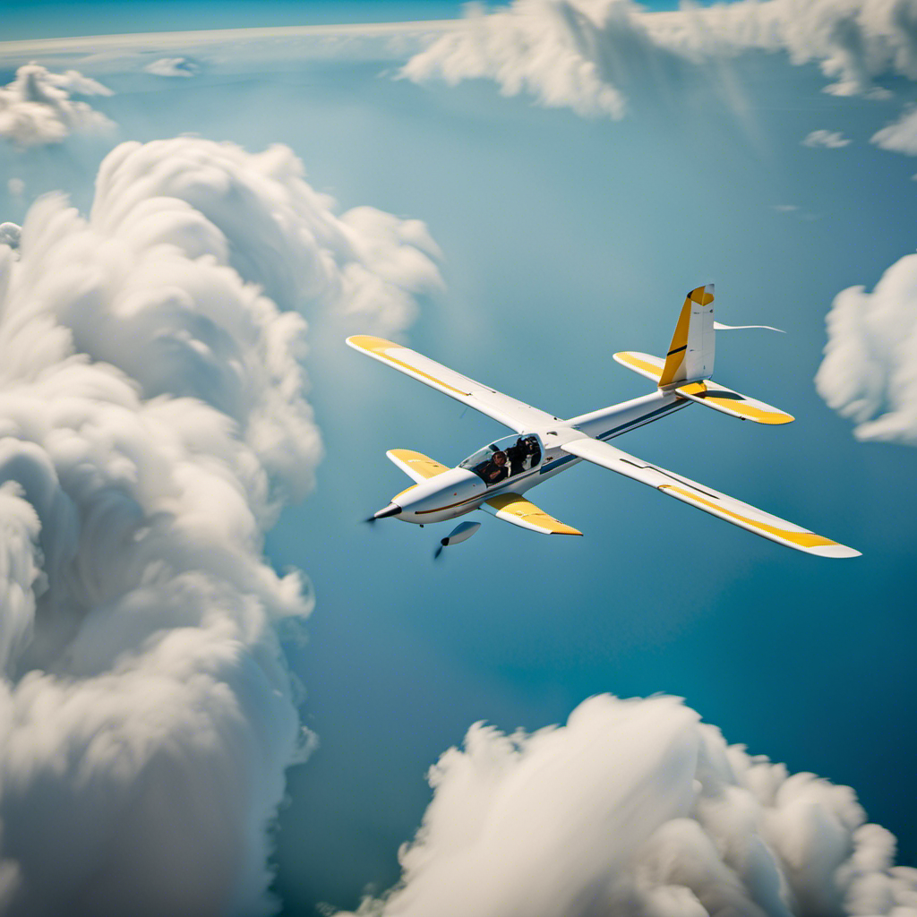 An image showcasing a glider soaring gracefully through a clear blue sky, with a skilled pilot confidently maneuvering the controls