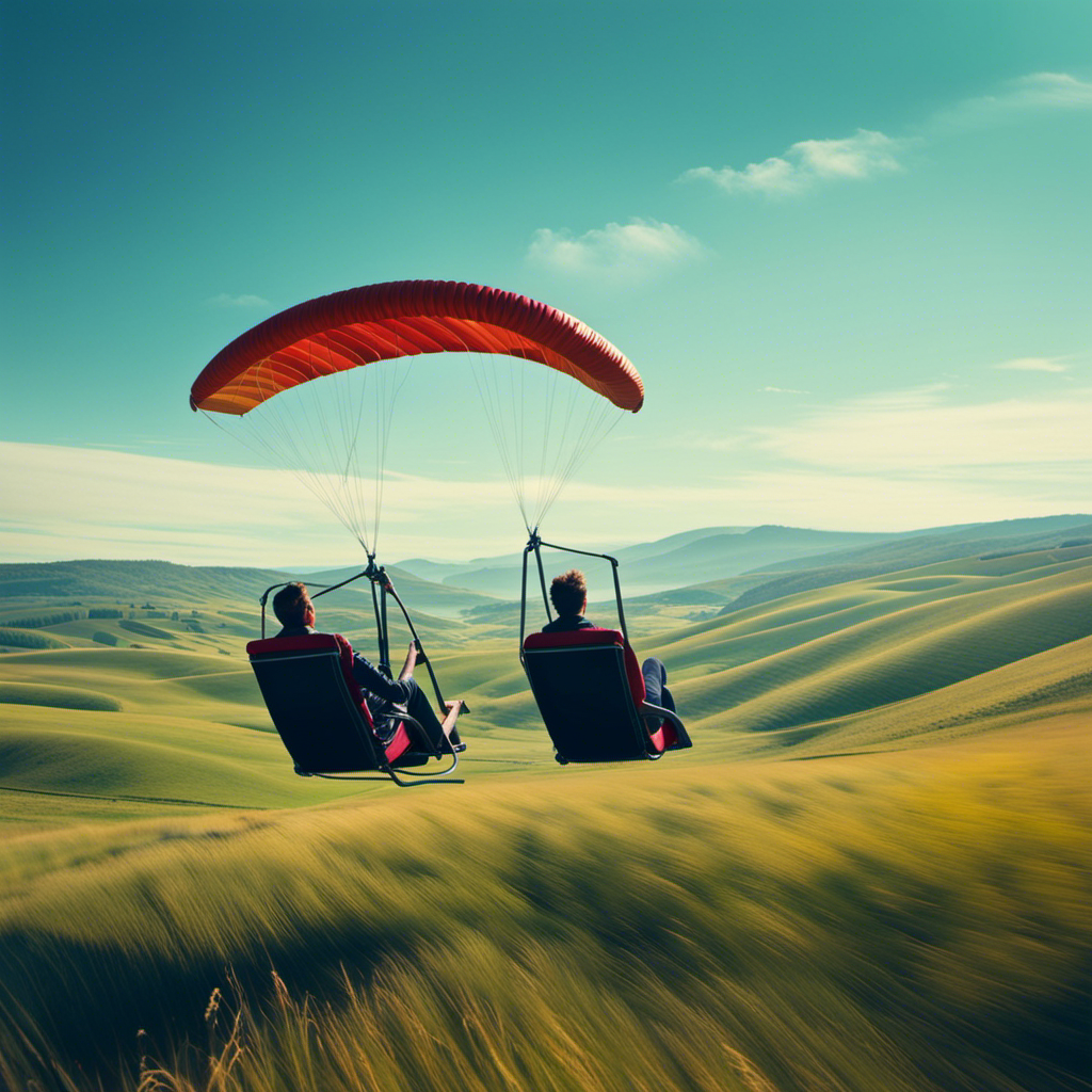 An image showcasing a vibrant and serene landscape with two individuals comfortably gliding through the air on a sleek, double-seated glider, surrounded by rolling hills, a clear blue sky, and a gentle breeze
