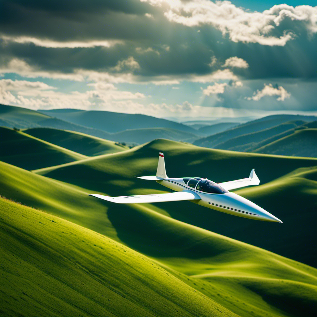 An image showcasing a sleek two-seater glider soaring gracefully amidst a picturesque backdrop of rolling green hills, its streamlined fuselage gleaming in the sunlight, while its wingspan elegantly cuts through the azure sky