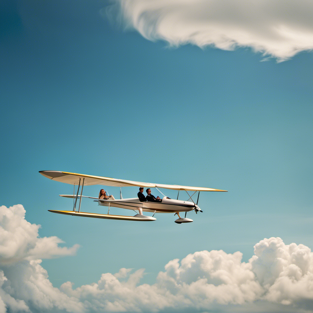 An image showcasing a clear blue sky as the backdrop, with a sleek and elegant two-seater glider soaring gracefully through the air, with two joyful individuals onboard, their faces radiating pure exhilaration and camaraderie