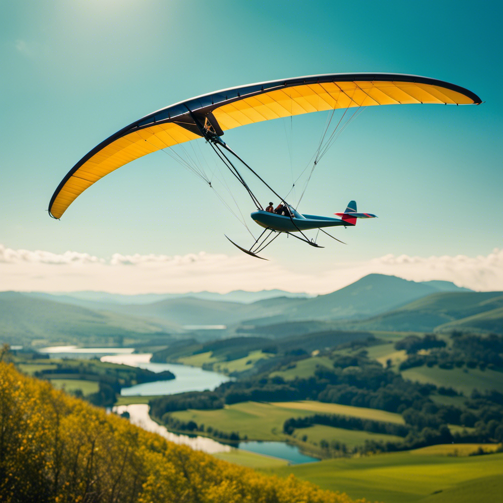 An image showcasing an ultralight motor glider soaring gracefully through a vibrant azure sky, its sleek wings extended, while a panoramic landscape of rolling hills and sparkling lakes stretches below