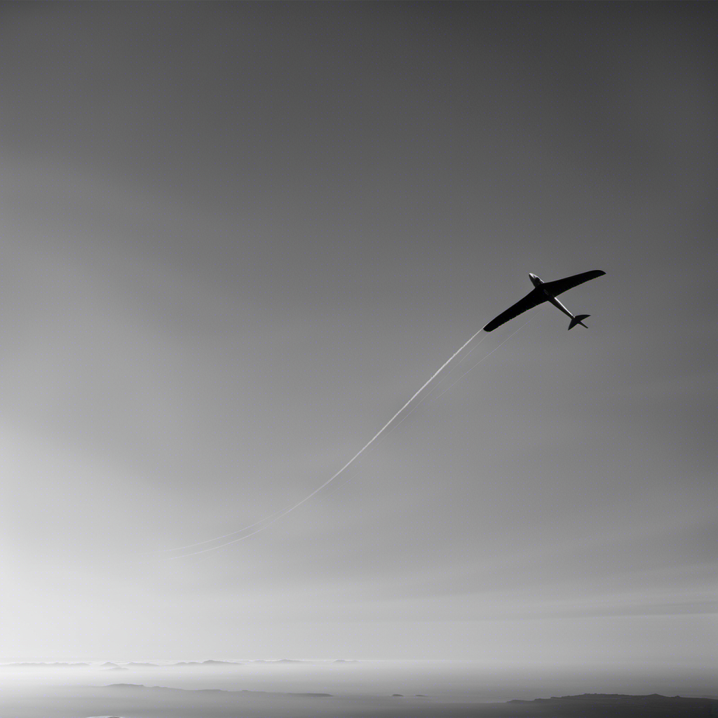 An image capturing the elegant silhouette of a glider soaring majestically through a cloudless sky, showcasing its sleek wingspan, tall tail fin, and a pilot intently focused on controlling the aircraft