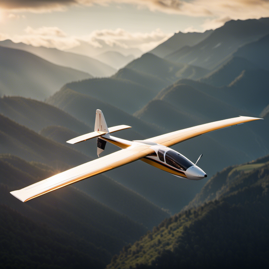 An image showcasing a glider soaring gracefully amidst a stunning mountain backdrop, revealing its aerodynamic design, wing shape, and sleek fuselage, while highlighting factors like lift, drag, and weight affecting its performance