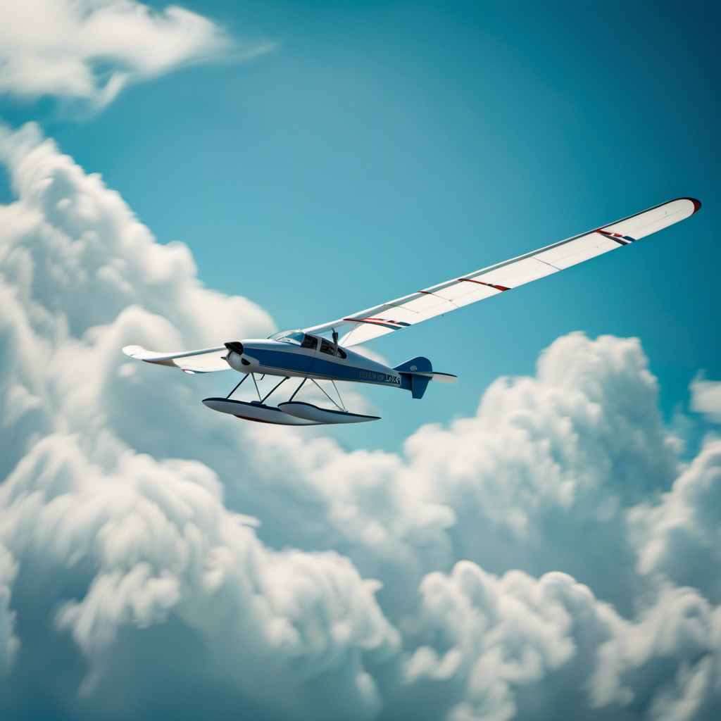 An image showcasing a soaring glider against a picturesque backdrop of clear blue skies and fluffy white clouds, with a pilot effortlessly maneuvering through the air, exemplifying the exceptional skill and precision needed to meet glider rating requirements