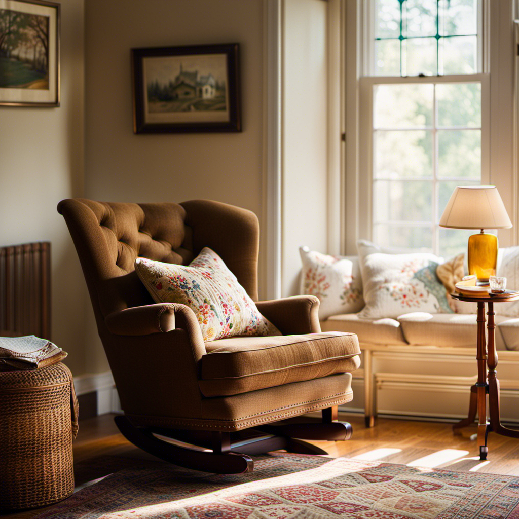 Create an image showcasing a cozy living room corner with a gently worn glider chair nestled near a sunlit window