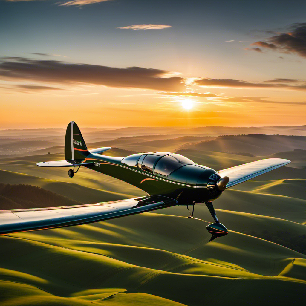 An image showcasing a serene sunset sky, with a gently gliding sailplane soaring gracefully above rolling green hills