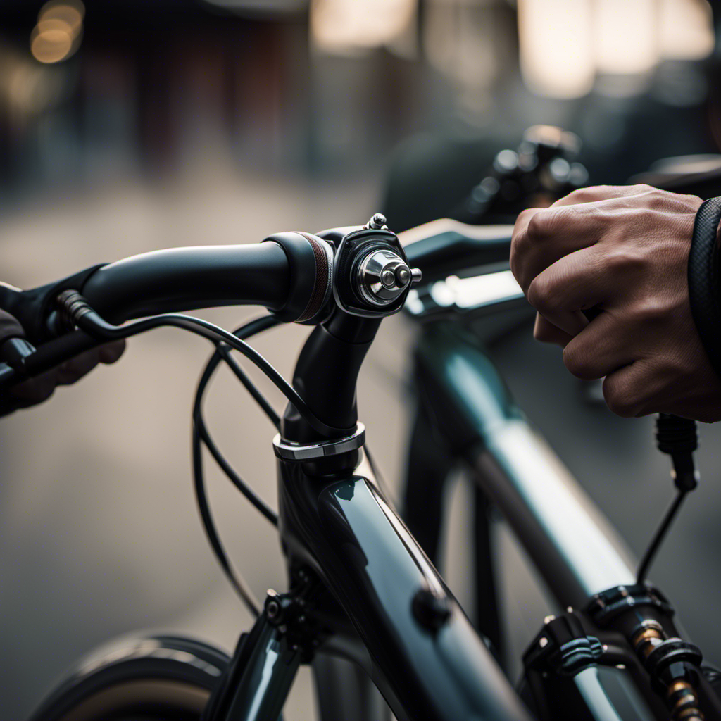 An image capturing a close-up view of a skilled hand firmly pressing down an Airbrake lever on a bicycle handlebar, showcasing the precision and control required to effectively use this essential braking mechanism
