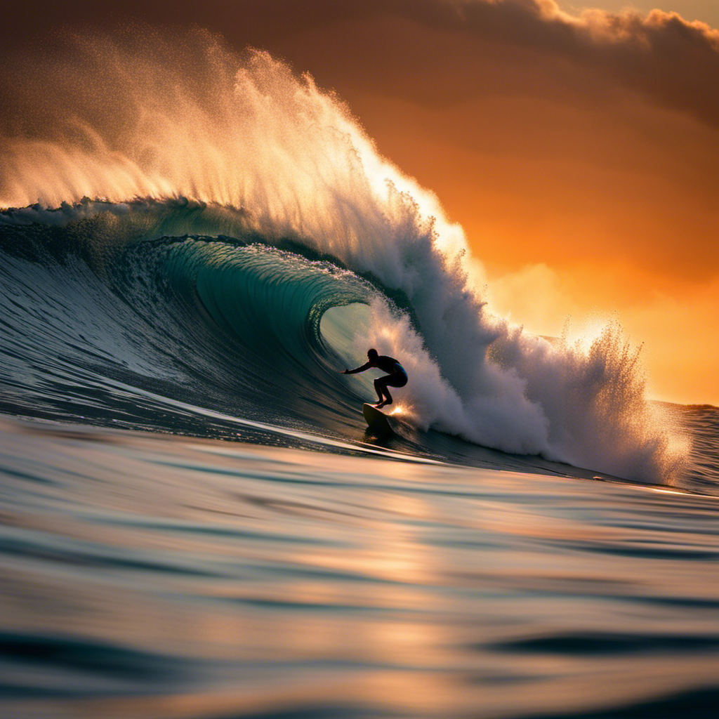 An image capturing the exhilaration of wave gliding; a surfer gracefully rides a powerful, curling wave, their silhouette framed against a blazing sunset, while vibrant spray explodes around them, frozen in mid-air