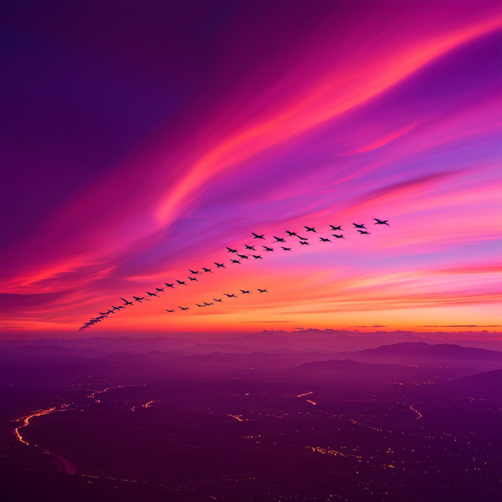 An image showcasing various way gliders gracefully soaring through a vibrant sunset sky, their sleek wings silhouetted against a backdrop of vivid oranges, purples, and pinks, capturing the essence of their awe-inspiring flight