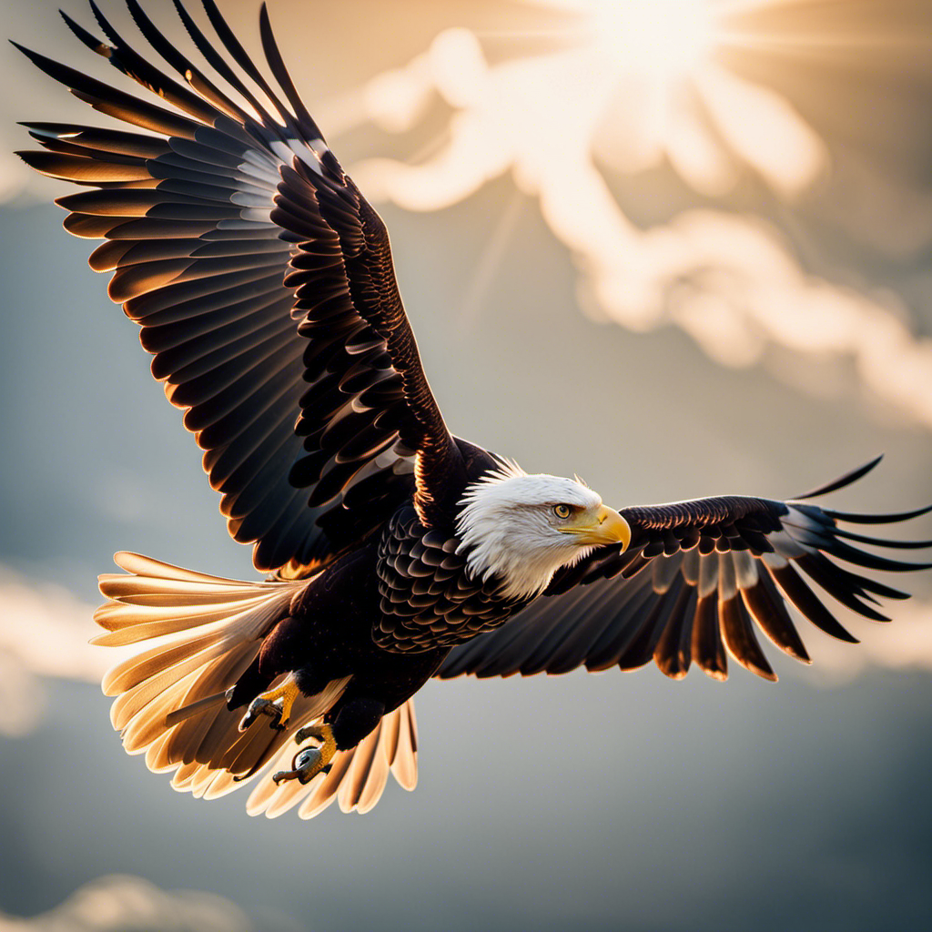 An image showcasing an eagle effortlessly gliding through the sky, its outstretched wings displaying intricate feather structures