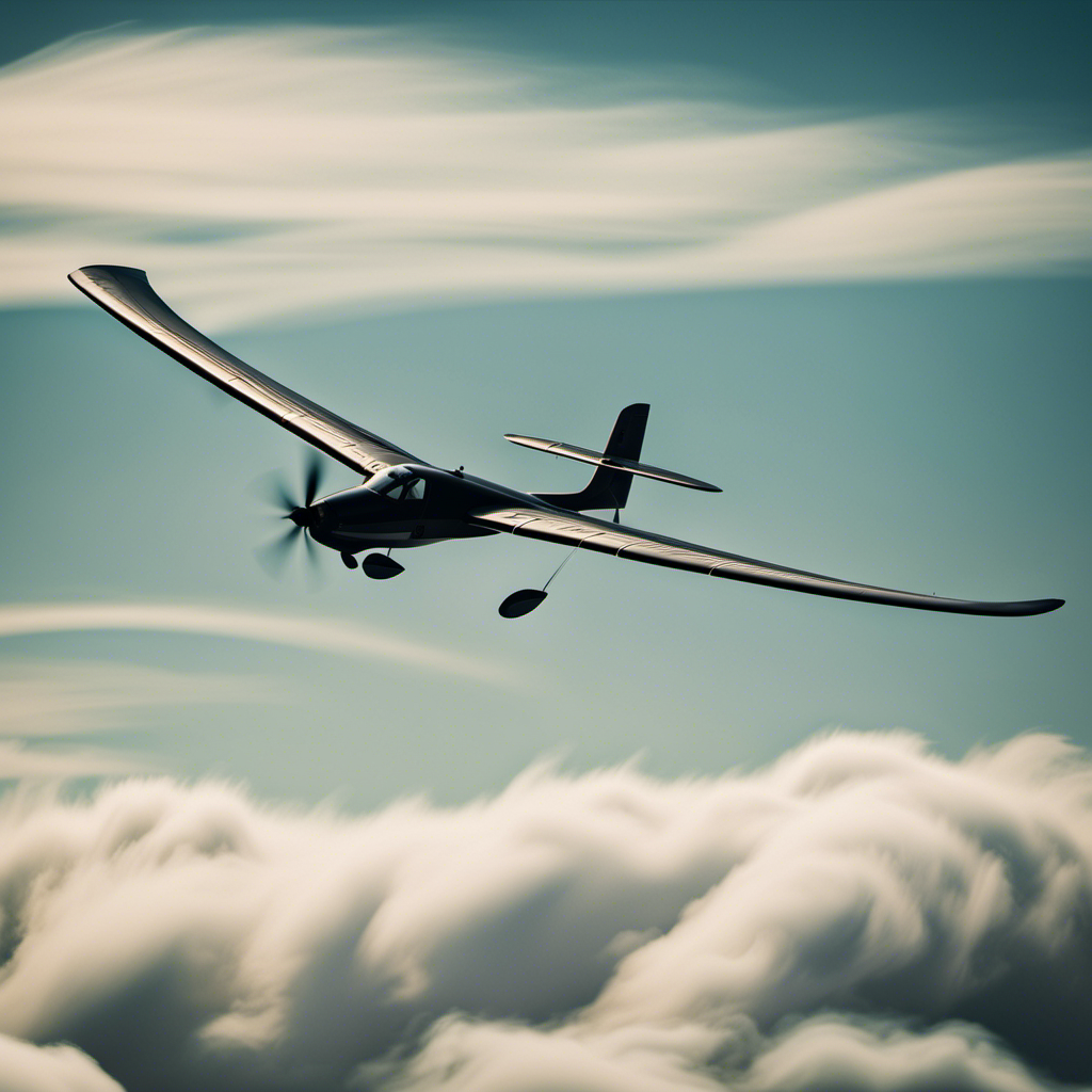 An image showcasing a glider soaring through a serene sky, with various elements influencing its glide angle: wind gusts, wing shape, weight distribution, and pilot's control inputs