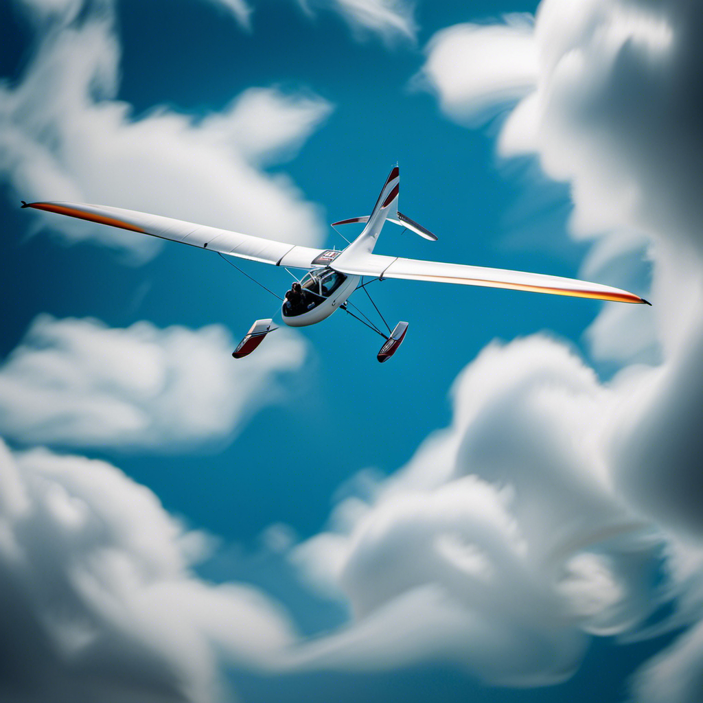 An image showcasing a clear blue sky with a glider gracefully soaring through puffy white clouds