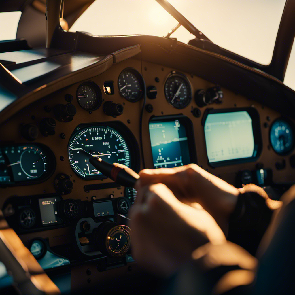 An image showcasing a skilled pilot's hands delicately maneuvering the glider's control stick, as sunlight filters through the cockpit windows, casting a warm glow on their focused expression and emphasizing their precise movements