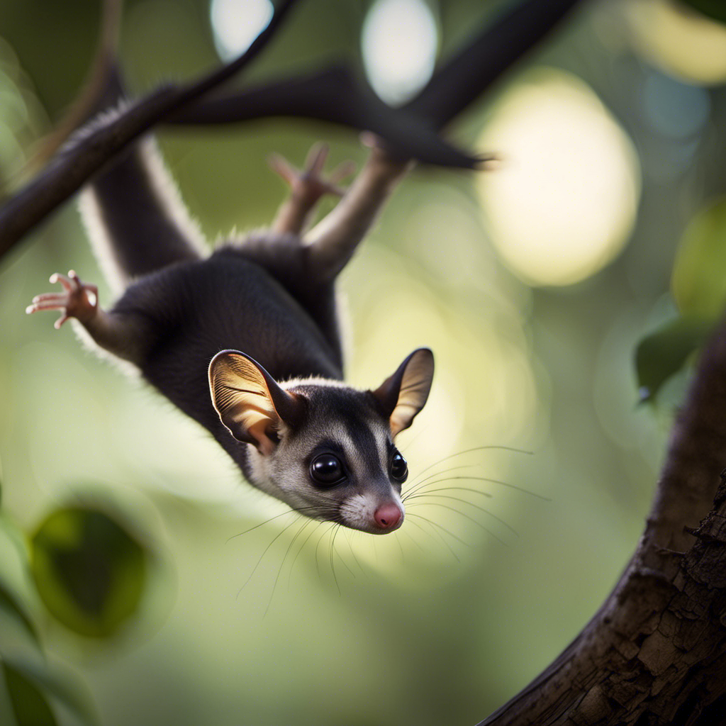 An image capturing the graceful silhouette of a sugar glider in mid-air, its webbed arms and legs outstretched