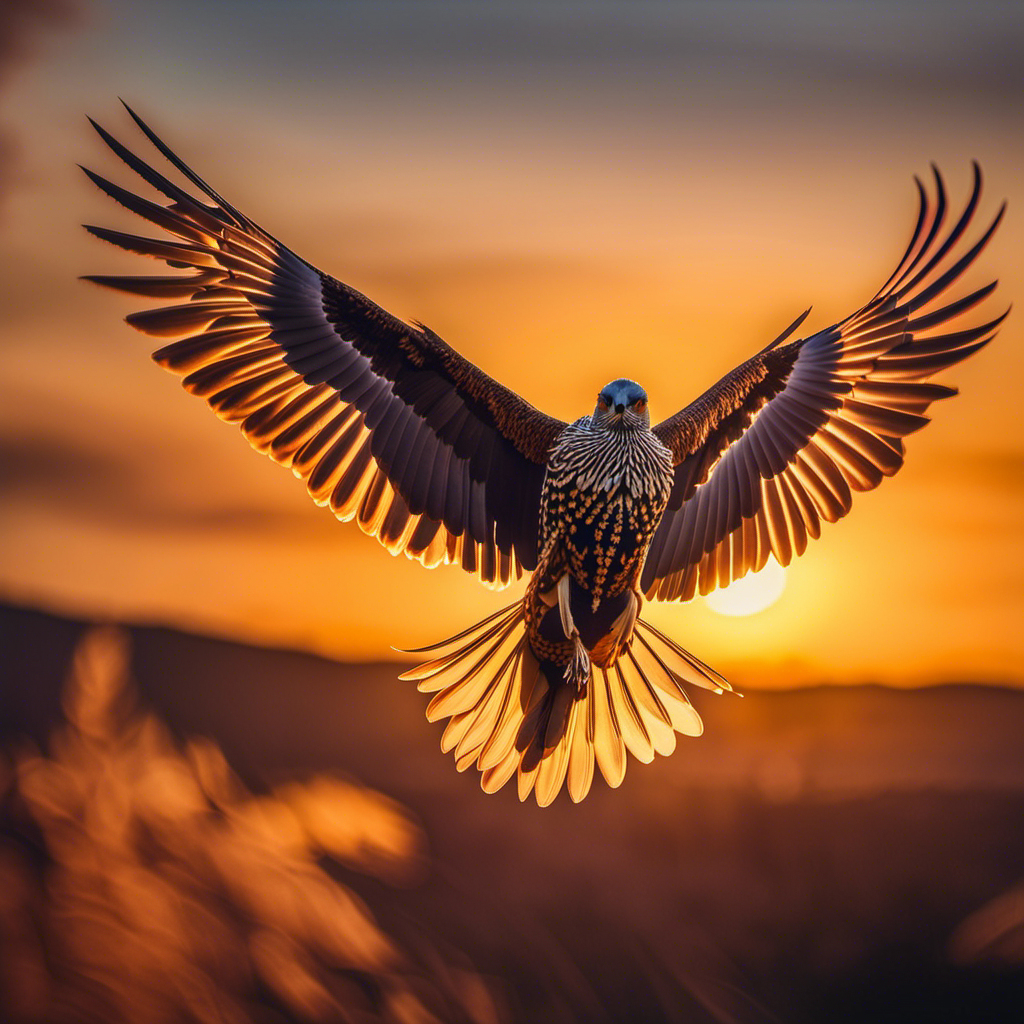 An image of a majestic bird in mid-flight, its expansive wings outstretched against a vibrant sunset sky