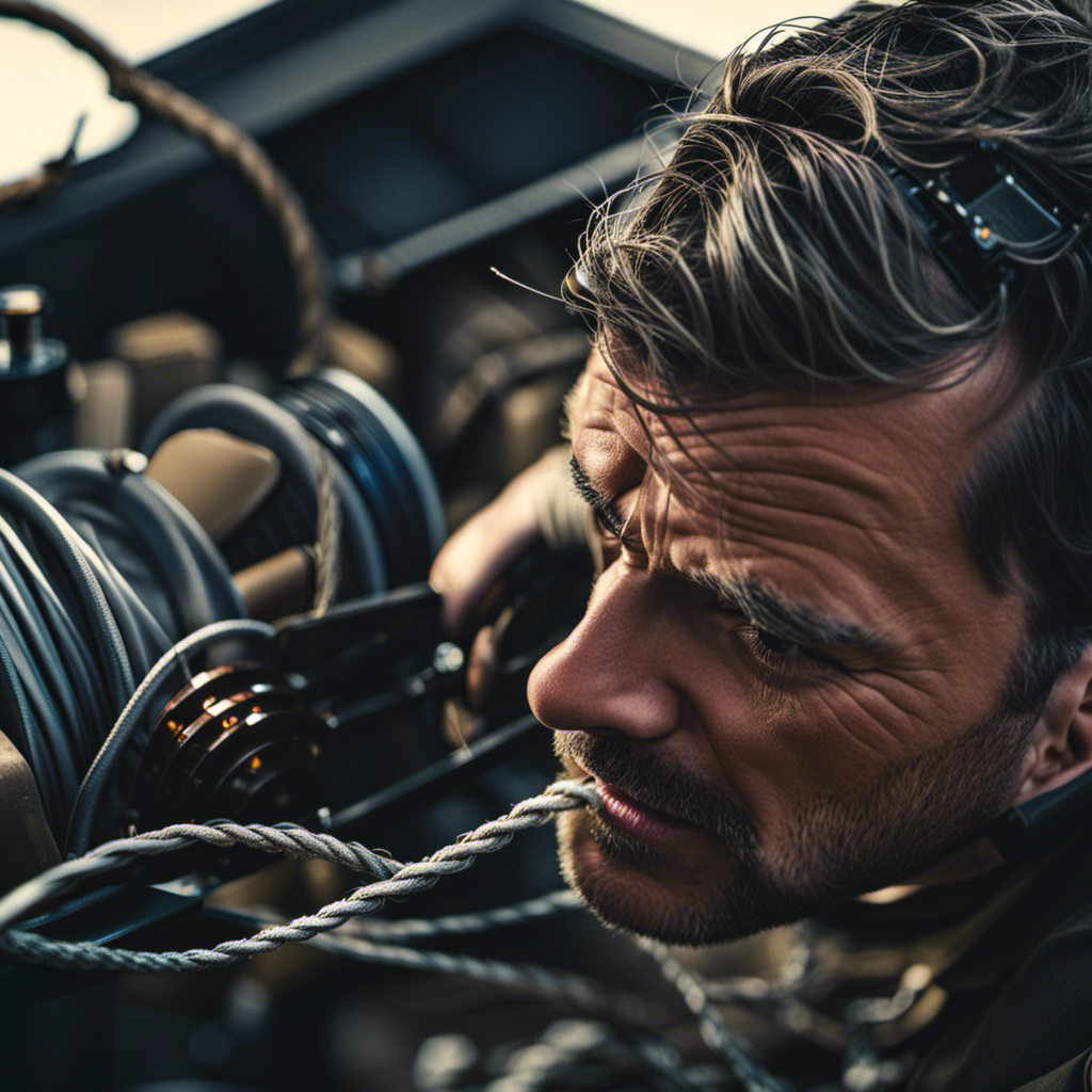 An image showcasing a frustrated individual struggling to operate a malfunctioning winch, highlighting the disadvantages of winches through their exasperated expression, tangled cables, and a stalled vehicle