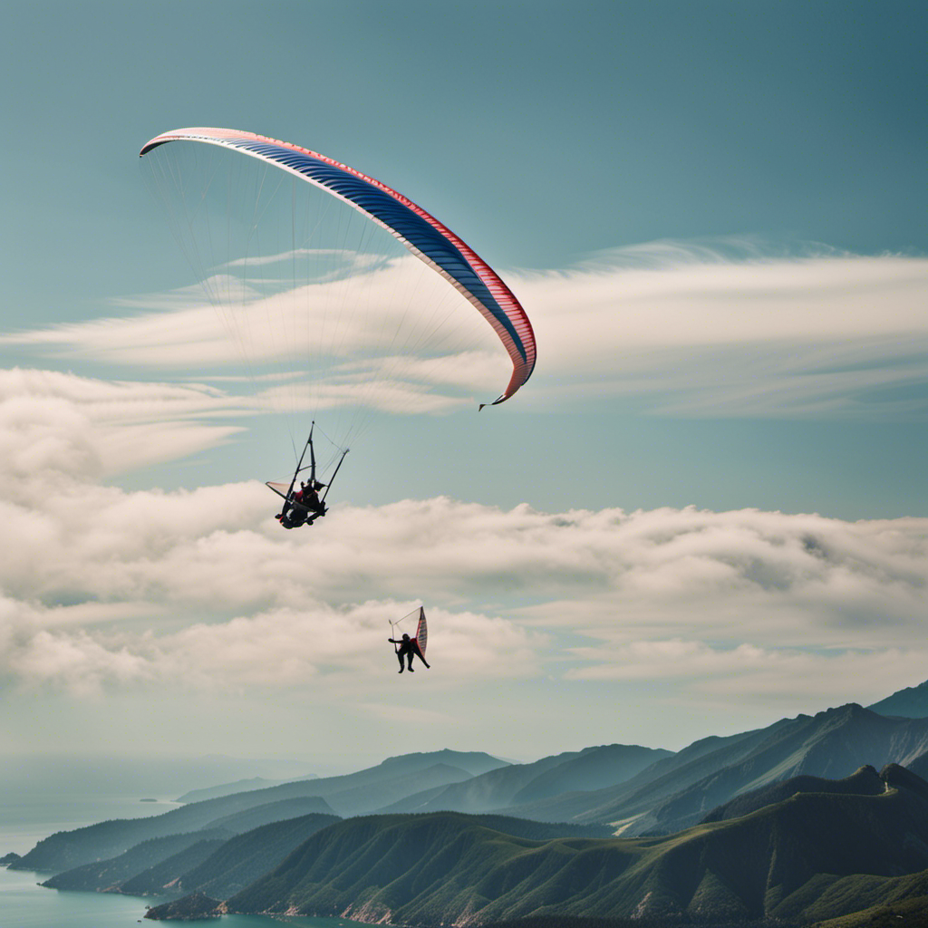 An image showcasing various types of gliding: hang gliding with a pilot gracefully soaring amidst mountains, paragliding with colorful canopies gliding above a serene beach, and sailplane gliding through the clouds with its elegant wings