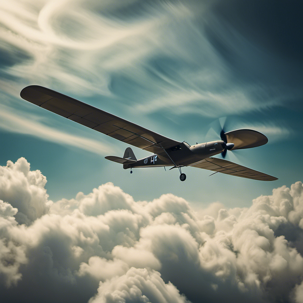 An image portraying a serene and vivid scene of a glider soaring through the sky amidst billowing clouds, as it is skillfully piloted by a courageous individual during World War II