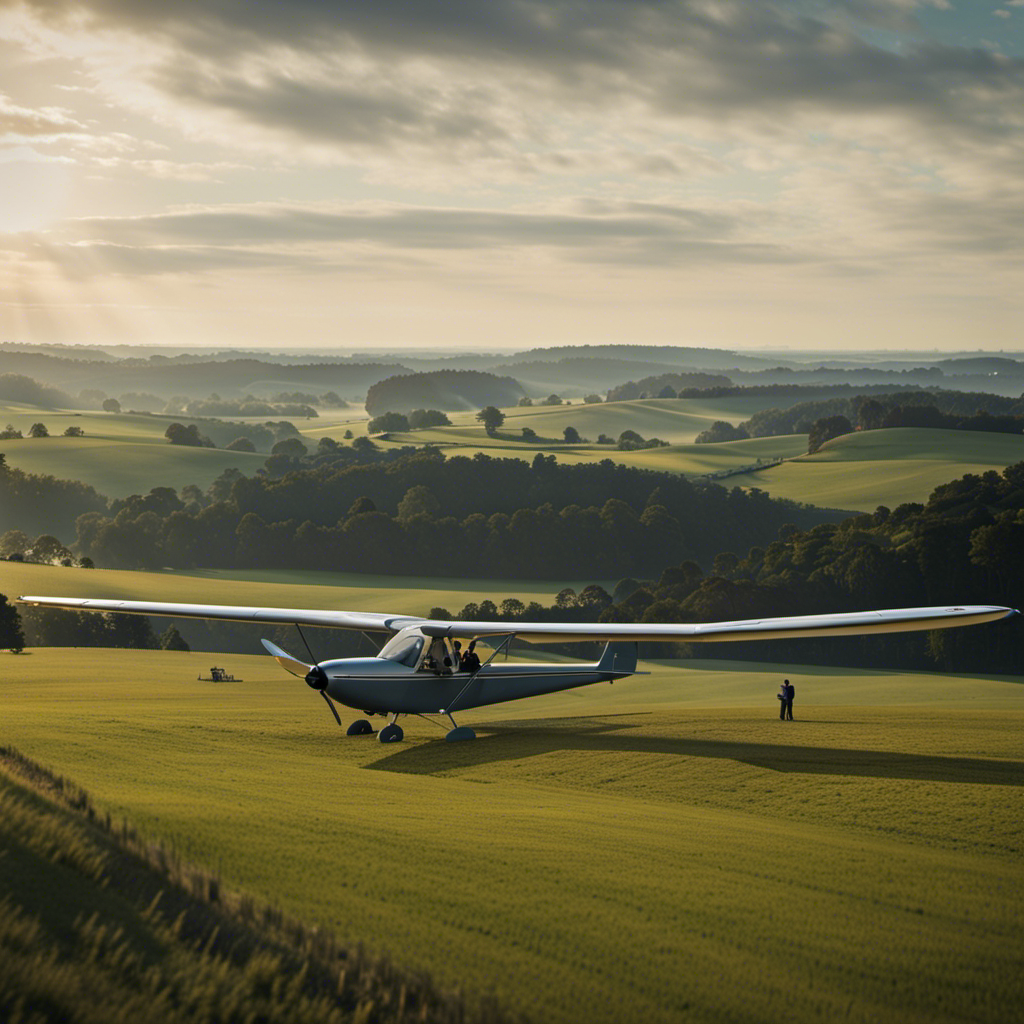 An image capturing the serene countryside view from a glider's cockpit, revealing a pilot deplaning and rolling a glider into a hangar, while fellow aviators gather around, sharing stories and inspecting their soaring equipment