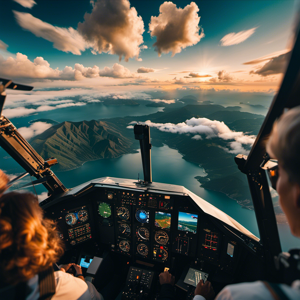 An image capturing the breathtaking view from a cockpit as a pilot soars through a vibrant sky, revealing a tapestry of fluffy clouds, majestic mountains, glistening bodies of water, and sprawling cityscapes below